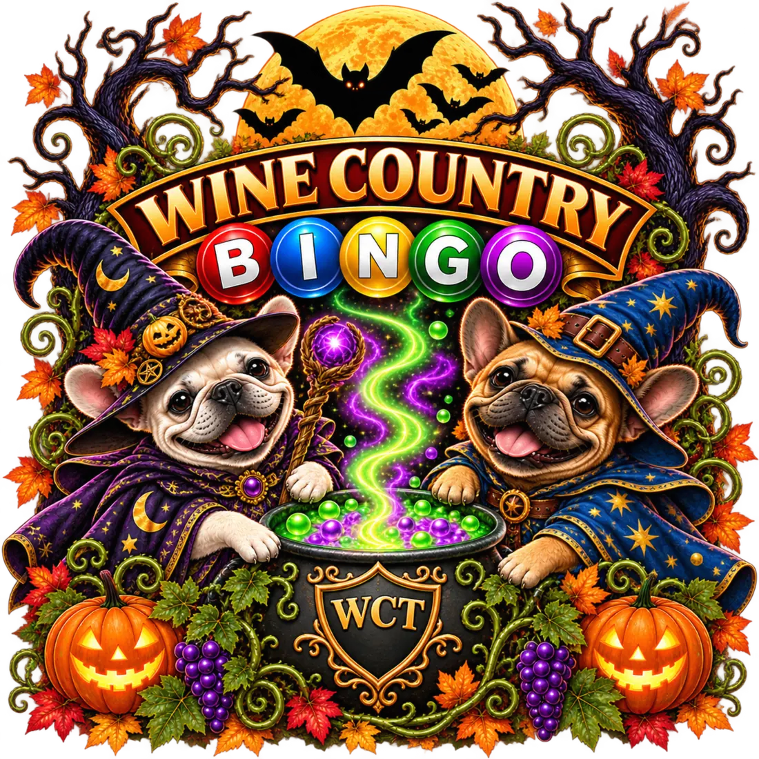 Wine Country Bingo Halloween artwork featuring two French bulldogs dressed as wizards, pumpkins, bats and a glowing WCT cauldron.